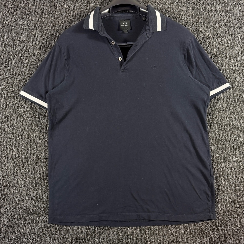 Armani Exchange Polo Shirt Mens Large Navy Blue Short Sleeve White Tipped Collar